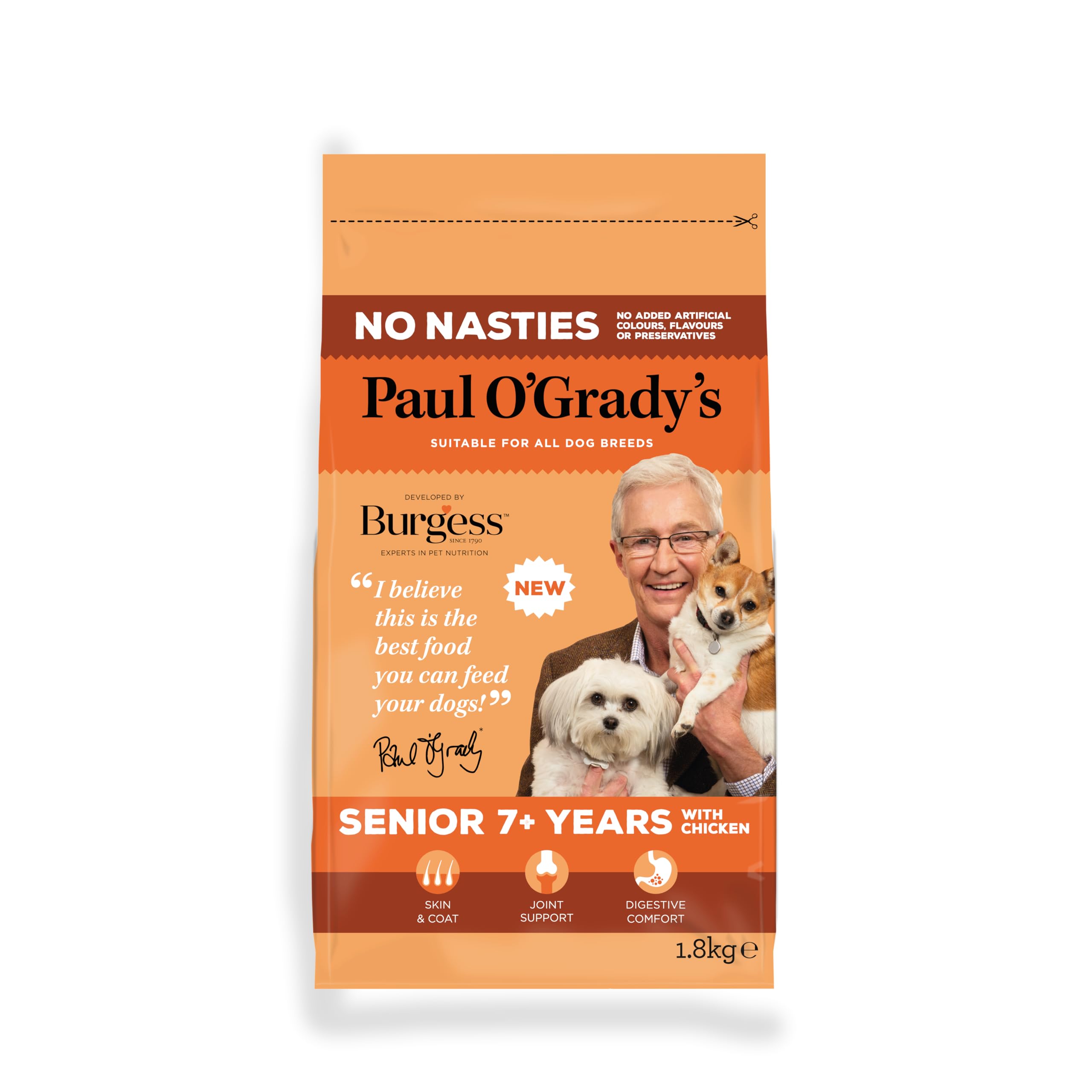 Paul O'Grady's No Nasties Dog Food with Chicken, 1.8 kg – Dry Senior Dog Biscuits for Joint and Digestive Support