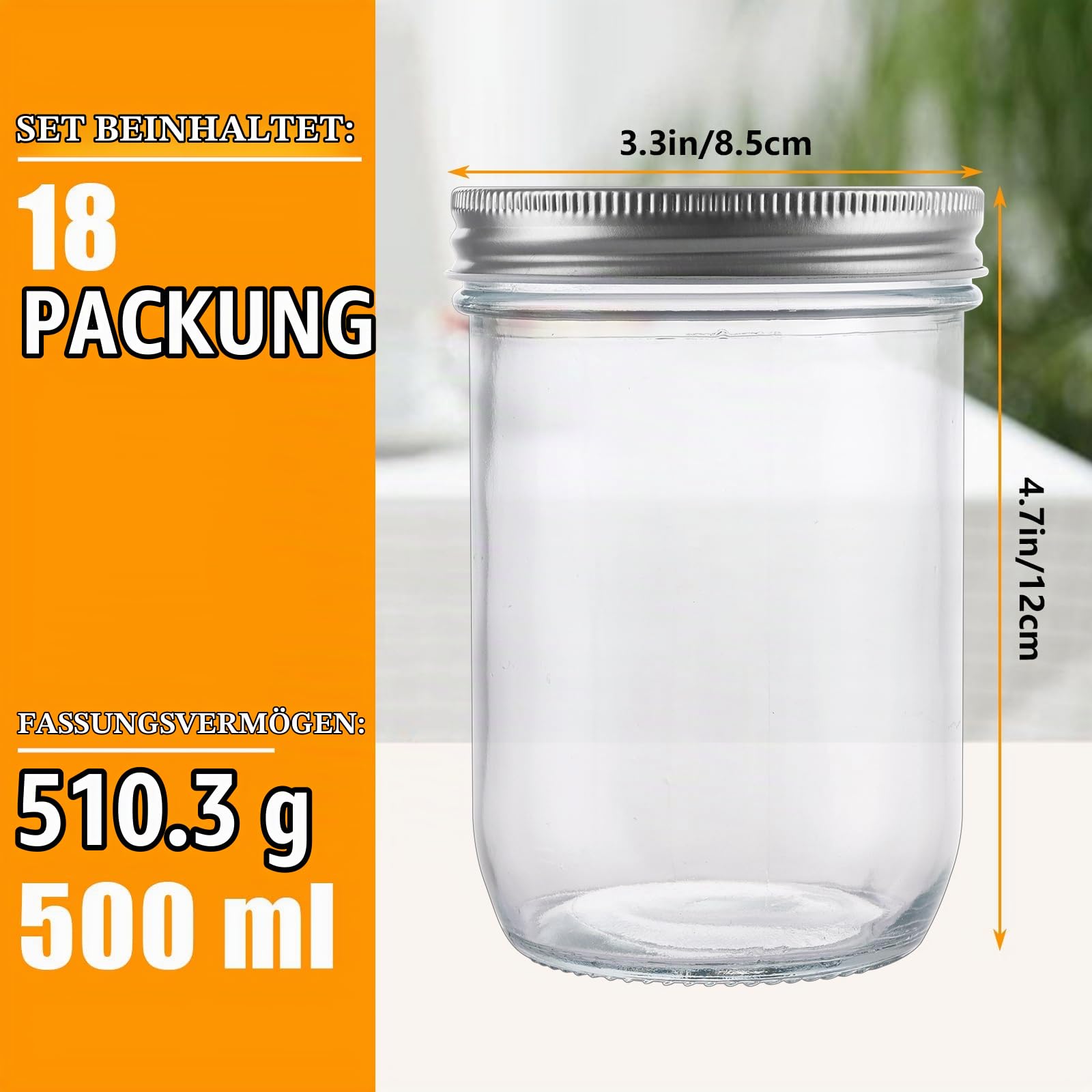 18 Stück Einmachgläser mit Schraubdeckel 500ml/17oz Mason Jar Einmachgläser mit Deckel für Marmelade, Honig, Joghurt, Gurken und Overnight Oats Gläser