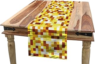 Ambesonne Abstract Table Runner, Grunge Style Squares in Earth Tones Pixel Art Concept, Dining Room Kitchen Rectangular Runner, 16" X 90", Pastel Yellow Paprika