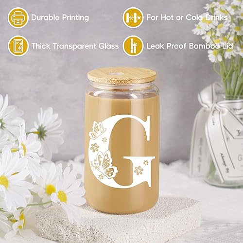 Miniatura 2 de Fairy's Gift Taza de café de cristal inicial con tapa y pajilla, vaso de mariposa, taza de vidrio para beber de 16 onzas, taza estética,