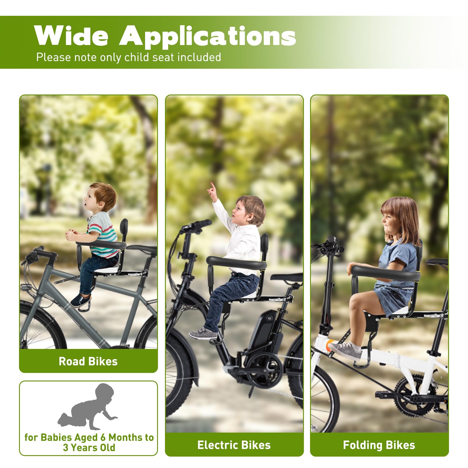 Asiento infantil para bicicleta Asiento delantero de una bicicleta Asiento infantil delantero para bicicleta Delantero Para bicicletas con una distancia entre la parte delantera del asiento y
