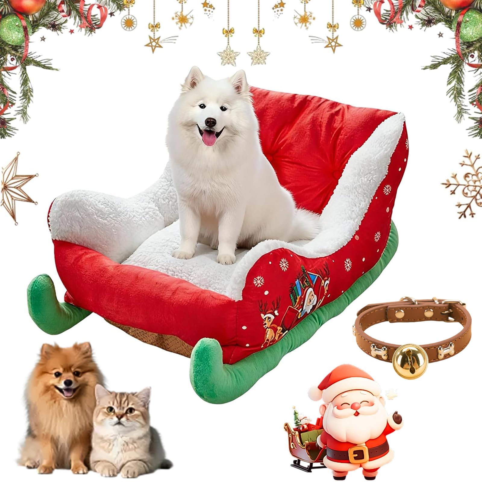NNBWLMAEE Festive Plush Cosy Dog Bed - Christmas Sleigh, Funny Santa Sleigh Pet Warm Bed, Dog Sleighs Beds, Festive Cozy Insulated Nest, with Non-Slip Base, for Small, Medium Large Pet (A,M)