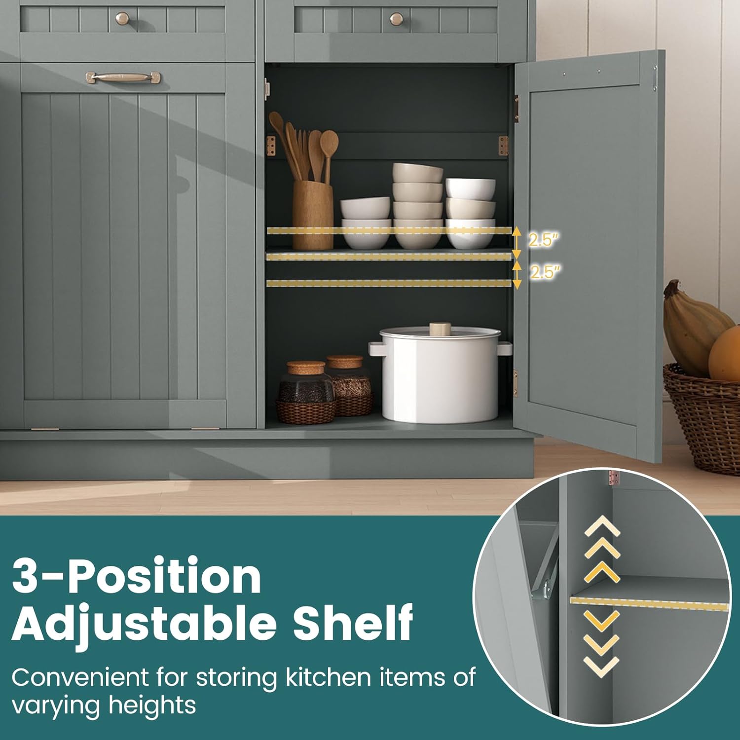 LDAILY Moccha Kitchen Tilt Out Trash Cabinet, Hideaway Recycling Cabinet with Adjustable Shelves, 2 Drawers, Freestanding Laundry Hamper, Pet Proof Trash Can for Living, Dining Room (Grey)