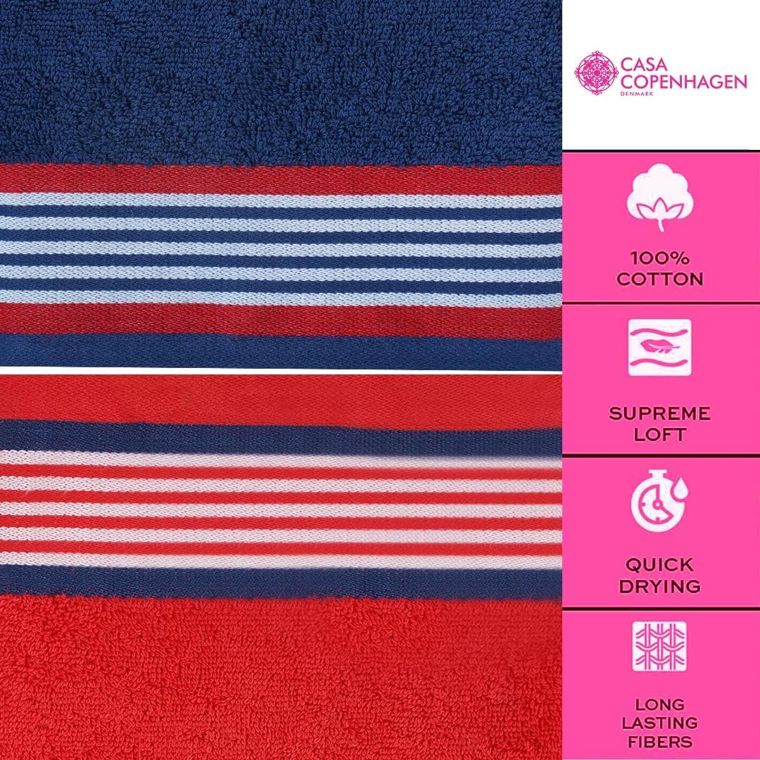 Casa Copenhagen Juego de 6 Toallas de baño 600 gsm-Azul Americano y Rojo | He & She 100% algodón egipcio puro para baño, cocina y ducha: 2 toallas baño, 2 de mano, 2 paños (set regalo mujer y hombre)