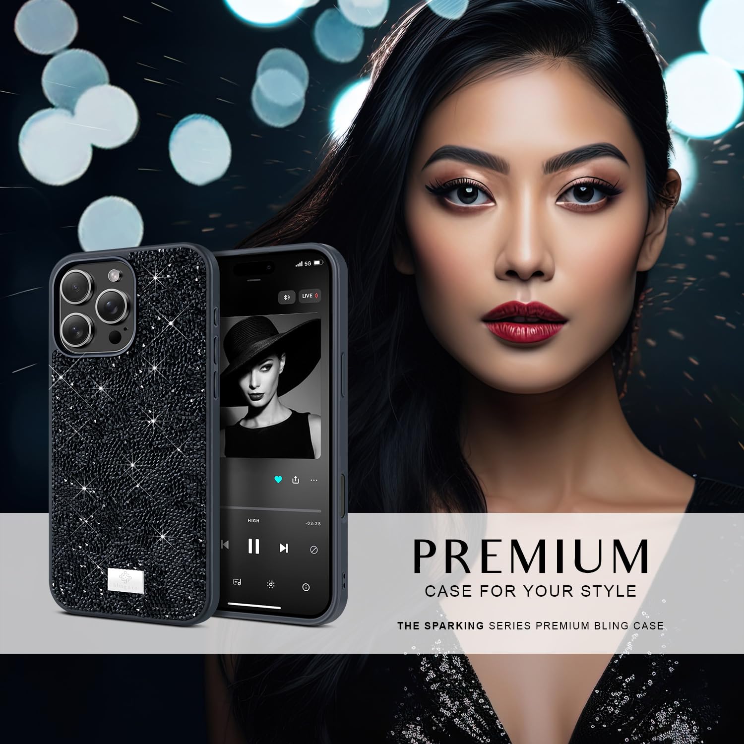 BEZ Case for iPhone 16 Pro Case Glitter, with Bling & Co. Series, Sparkle Diamond Crystal Bling Case Cover for iPhone 16 Pro, Jet Black - Image 2