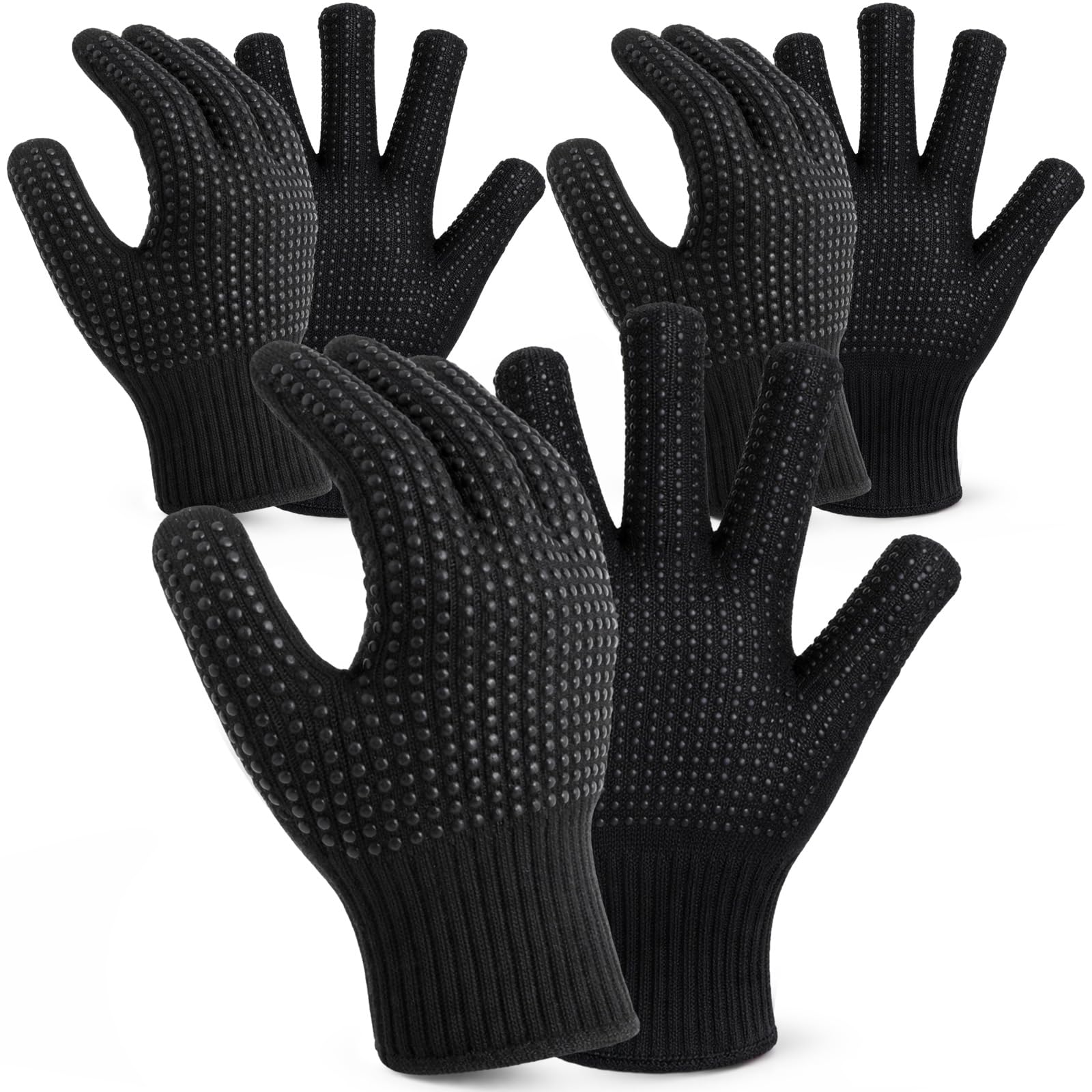 Riyiper 3 Pairs Heat Resistant Gloves for Sublimation, Gloves for Heat Press with Silicone Bumps Applies to Resistant Work, Hair Styling, Universal Fit Size (Black)
