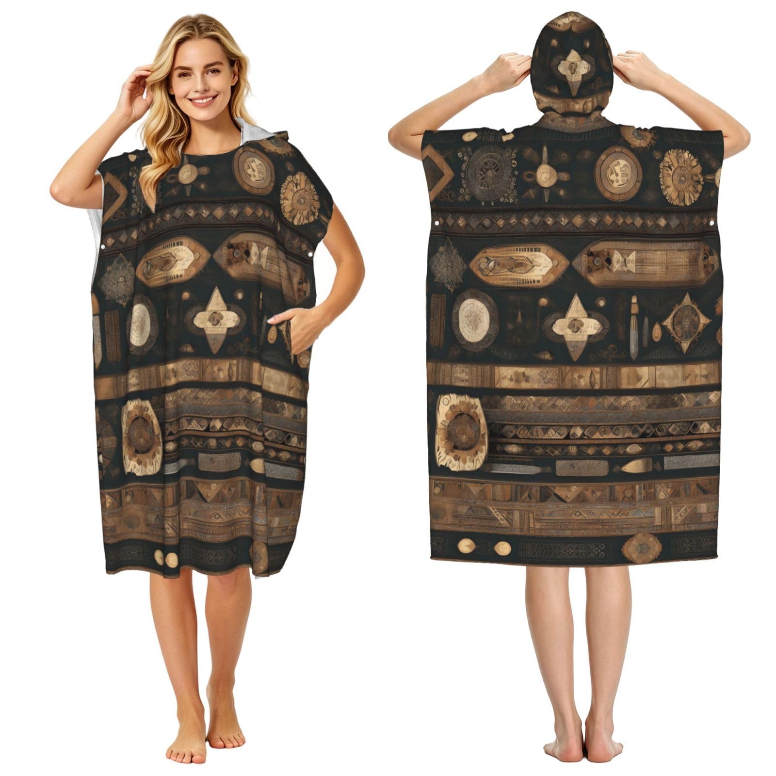 Zaixiansj 110cm Bohemian style Print Adult Changing Robe Hooded Towel Poncho Surf Swim Beach Cover Up with Pockets