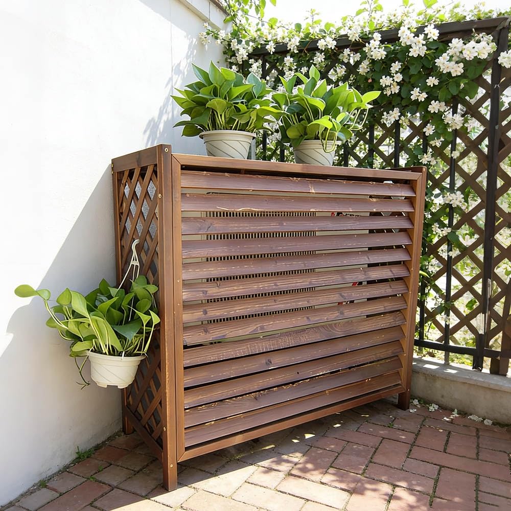 HRXQ Wooden Air Conditioning Rack Radiator Covers Air Conditioning Shell Blinds Cover Privacy Screen Brown Outside Unit Air Conditioner Cover for Garden Balcony(XL-120x57x100cm)