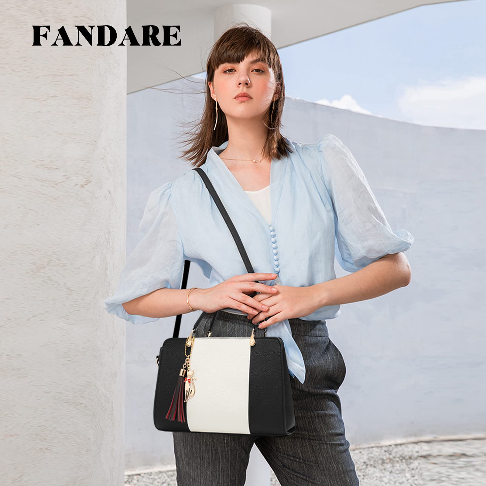 FANDARE Elegante Handtasche mit Anhänger Damen Umhängetaschen Frauen Schultertasche Wasserdicht für Einkauf Arbeitstasche Reisen Crossbody Bag Schwarz