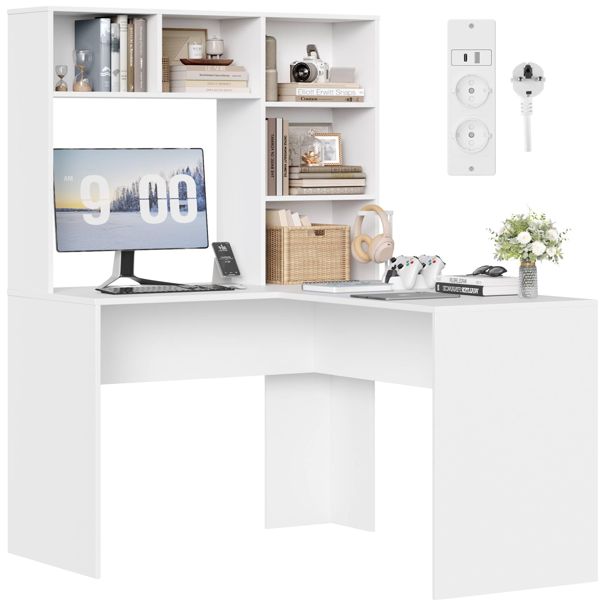 Bureau D'Ordinateur En L FirFurd Avec 5 Étagères - Blanc 107.8x124.7x152.5cm Moderne