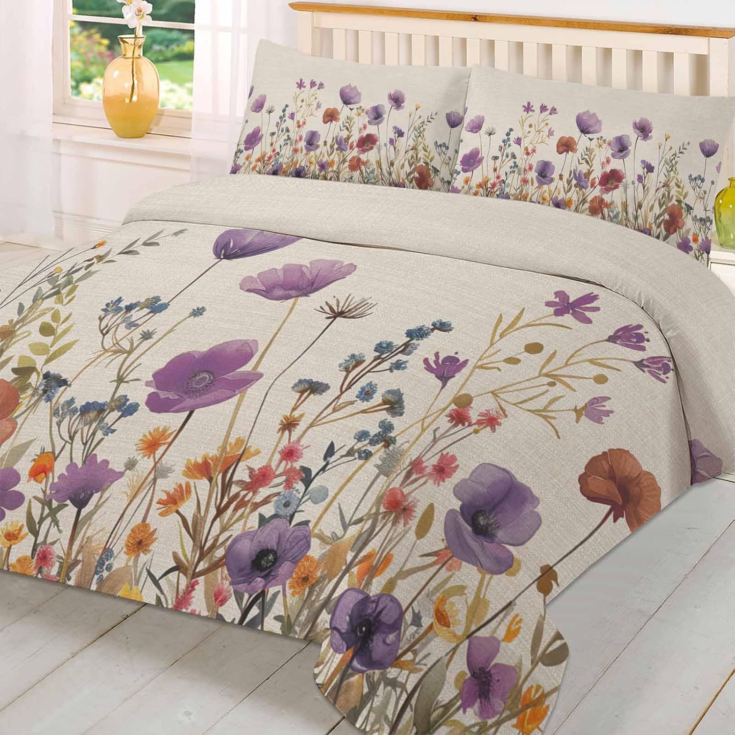 Watercolor Floral Bed Duvet Cover Queen Size,Washed