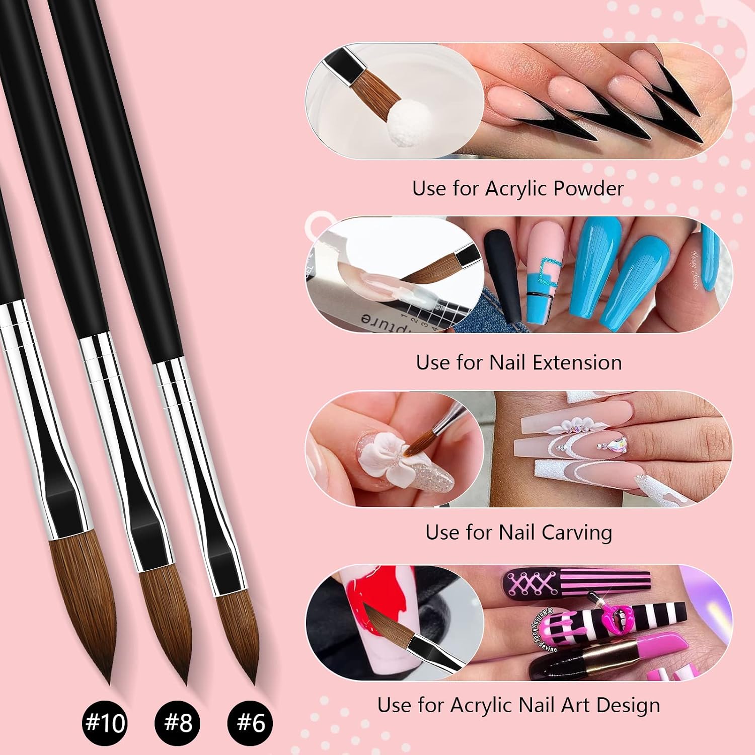 Saviland 3 PCS Acrylic Nail Brush Set - Size 6/8/10 Kolinsky Acrylic Brush for Acrylic Powder Application, Nail Art Brushes for Nail Extension, 3D Nail Carving for Beginner and Professional