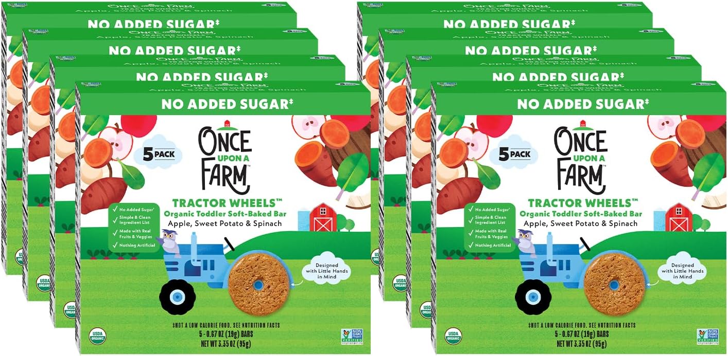 Organic Toddler Soft Baked Bar, Apple, Sweet Potato and Spinach, Tractor Wheels Shaped, Non GMO, Kosher, 3.35 Ounces (Pack of 8)