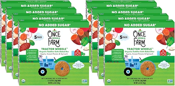 Once Upon A Farm Organic Toddler Soft Baked Bar, Apple, Sweet Potato and Spinach, Tractor Wheels Shaped, Non GMO, Kosher, 3.35 Ounces (Pack of 8)