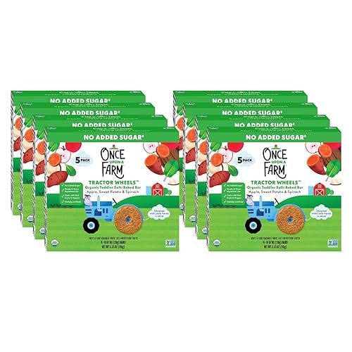 Once Upon A Farm Barra horneada suave orgánica para niños pequeños, manzana, batata y espinacas, con forma de ruedas de tractor, sin OGM, Kosher,