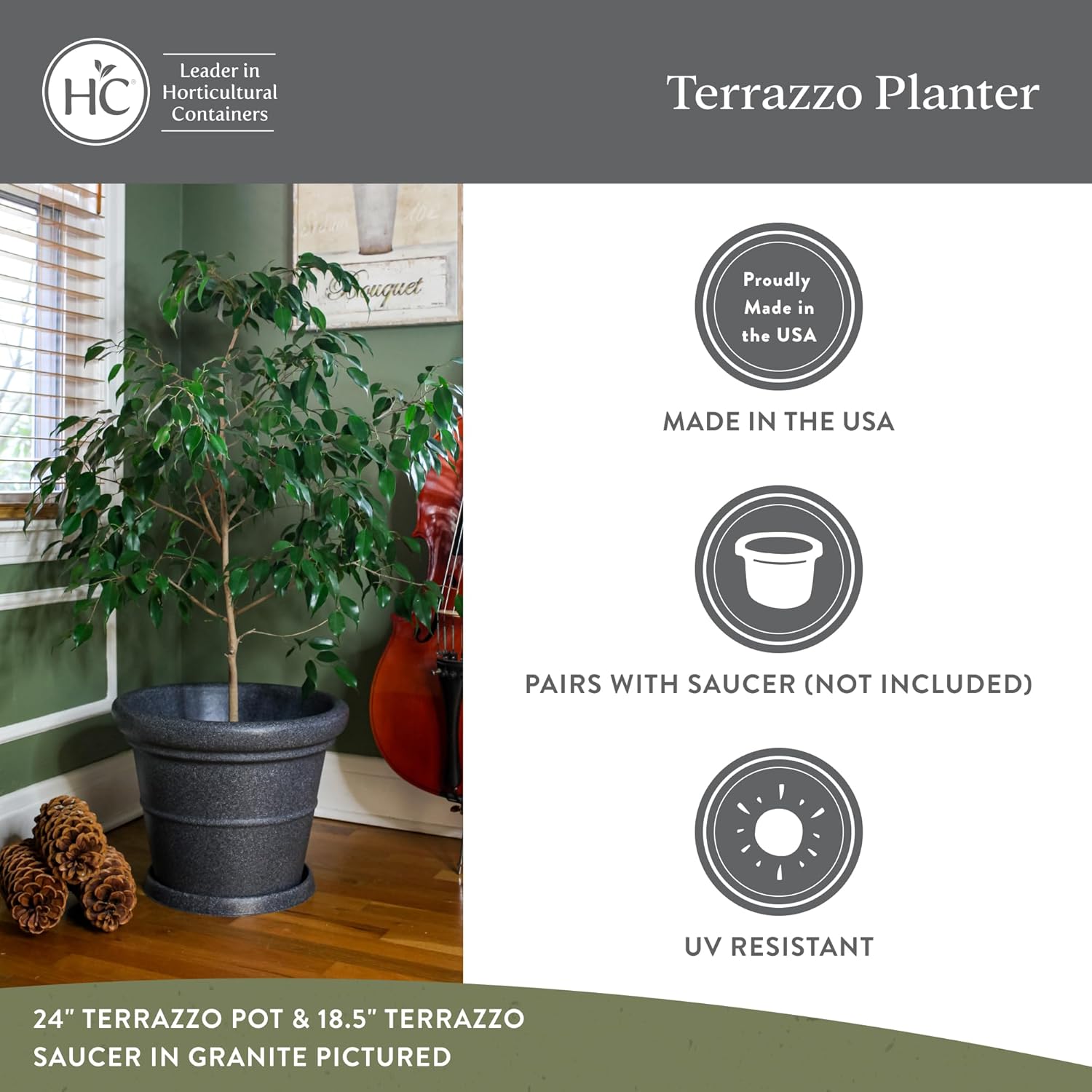 The HC Companies Terrazzo Large Round Plastic Plant Pot w/Rolled Rim - Lightweight & UV Resistant Gardening Pot for Herbs & More - Outdoor & Indoor Plant Pots w/Drainage (20”, Black, Pack of 2)