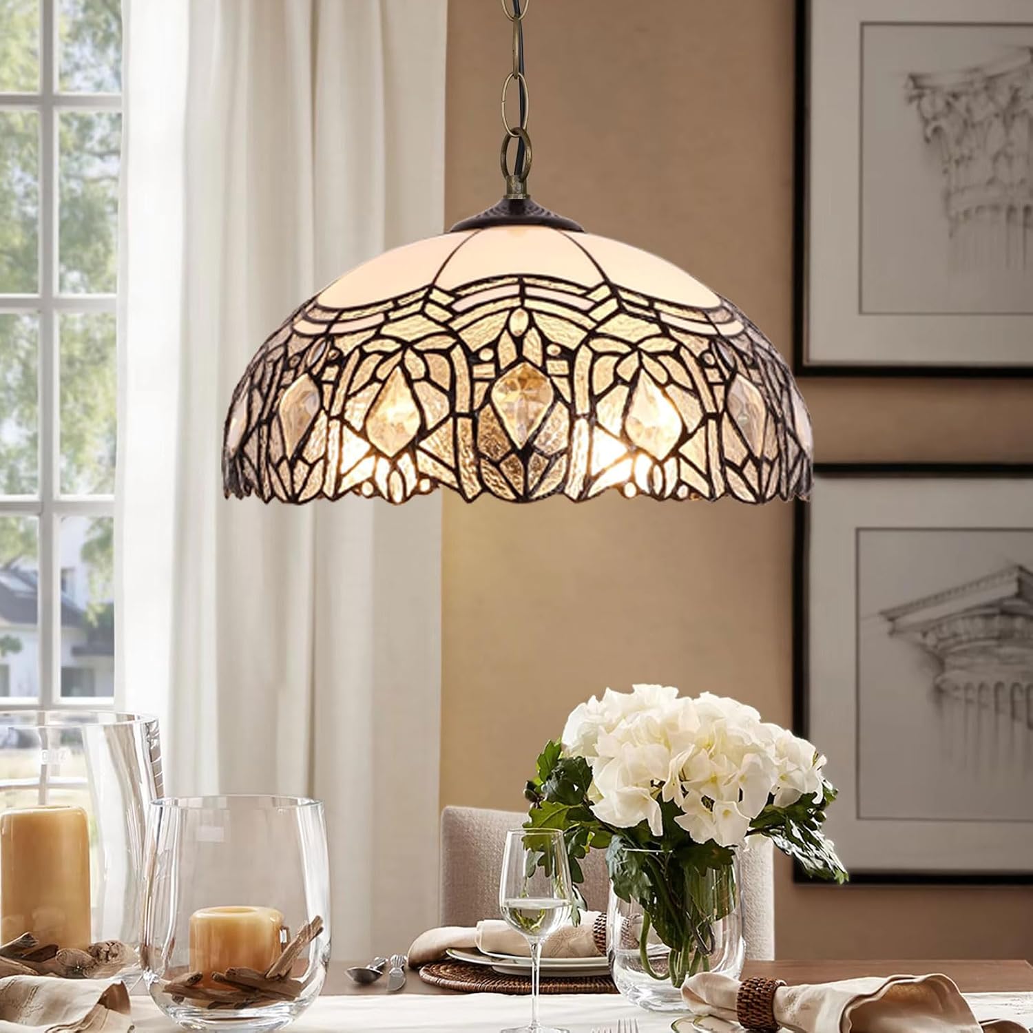 Tiffany Lamp shade, Only 16X9 Inch White Large Stained Glass Lampshades for Table Desk Floor Lampshade Replacement, Decor Bedroom Living Room Wedding Room Office