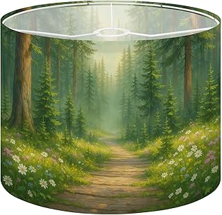 Lamp Shade Forest Tree Wood Green Pine Trees Wildflowers Woodland Mist Sunlight Drum Lamp Shades for Table Lamps Floor Lamps Pendant Light 10"x13" Replacement Large Linen Lampshade Easy Assembly