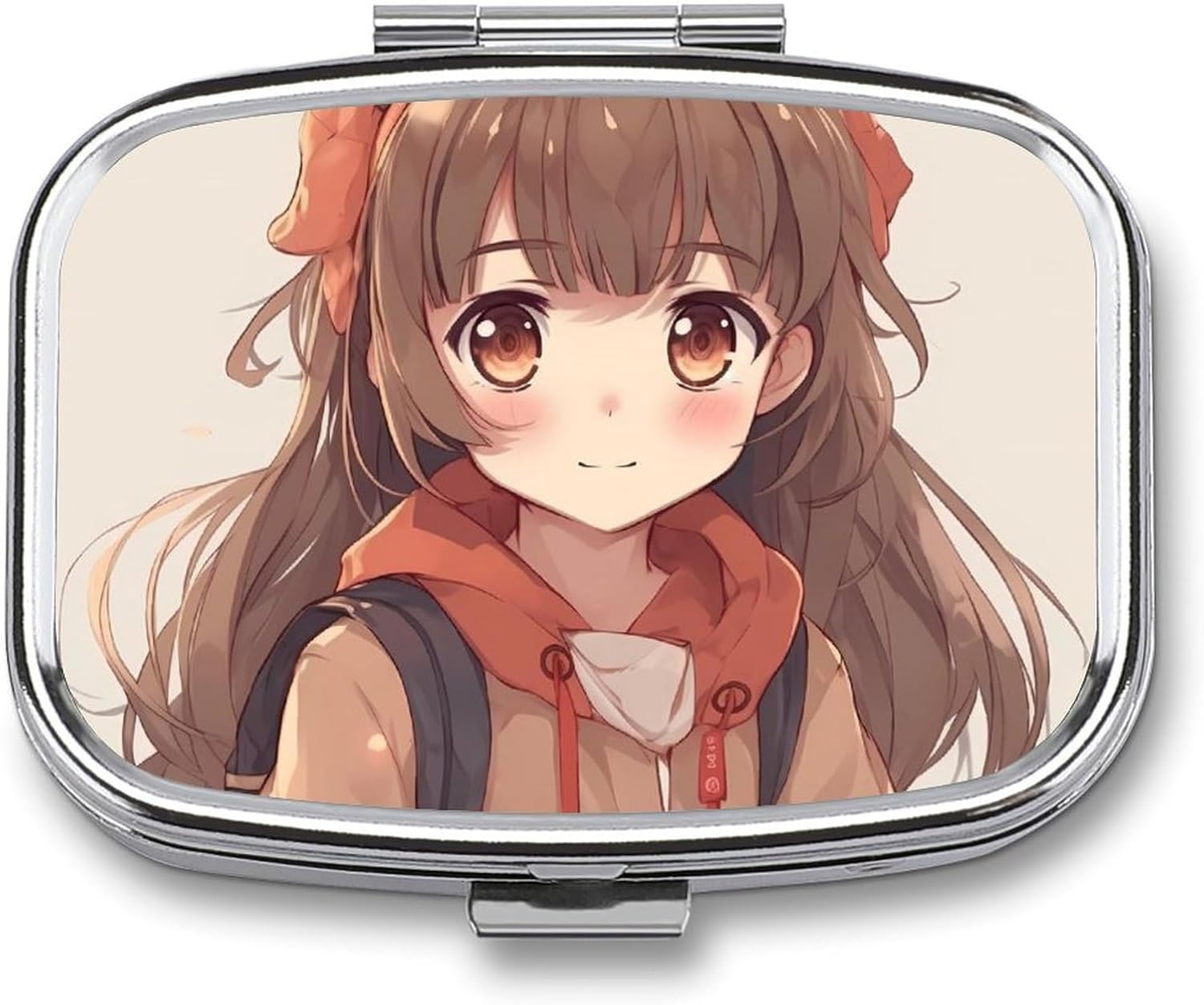 Pill Box with Mirror Japan Anime Pill Case 2 Compartment Personal Pill Organizers for Pocket Purse Portable Travel Pillbox Medicine Planner for Vitamin Fish Oil