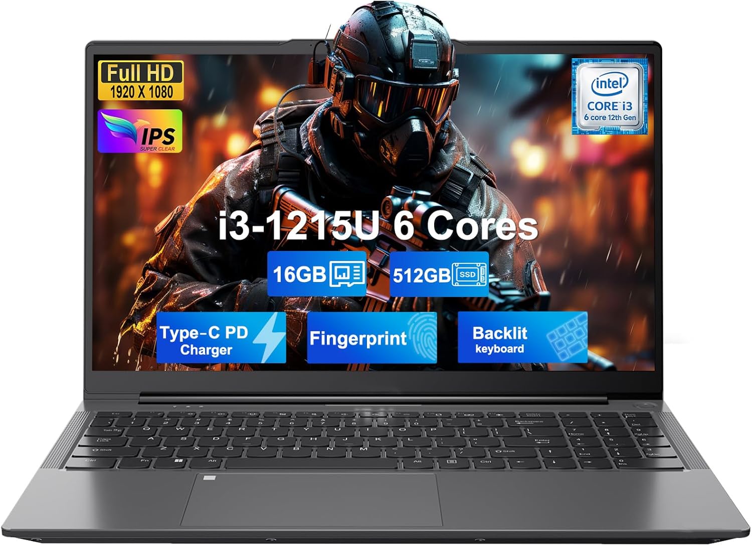 NIMO 15.6″ IPS FHD Student Laptop, Intel 6-Core i3-1215U, 16GB RAM, 512GB SSD (Beats R5 7520U, Up to 4.4GHz), Two-Year Warranty, Backlit Keyboard, Fingerprint, Wi-Fi 6, for Home & Business