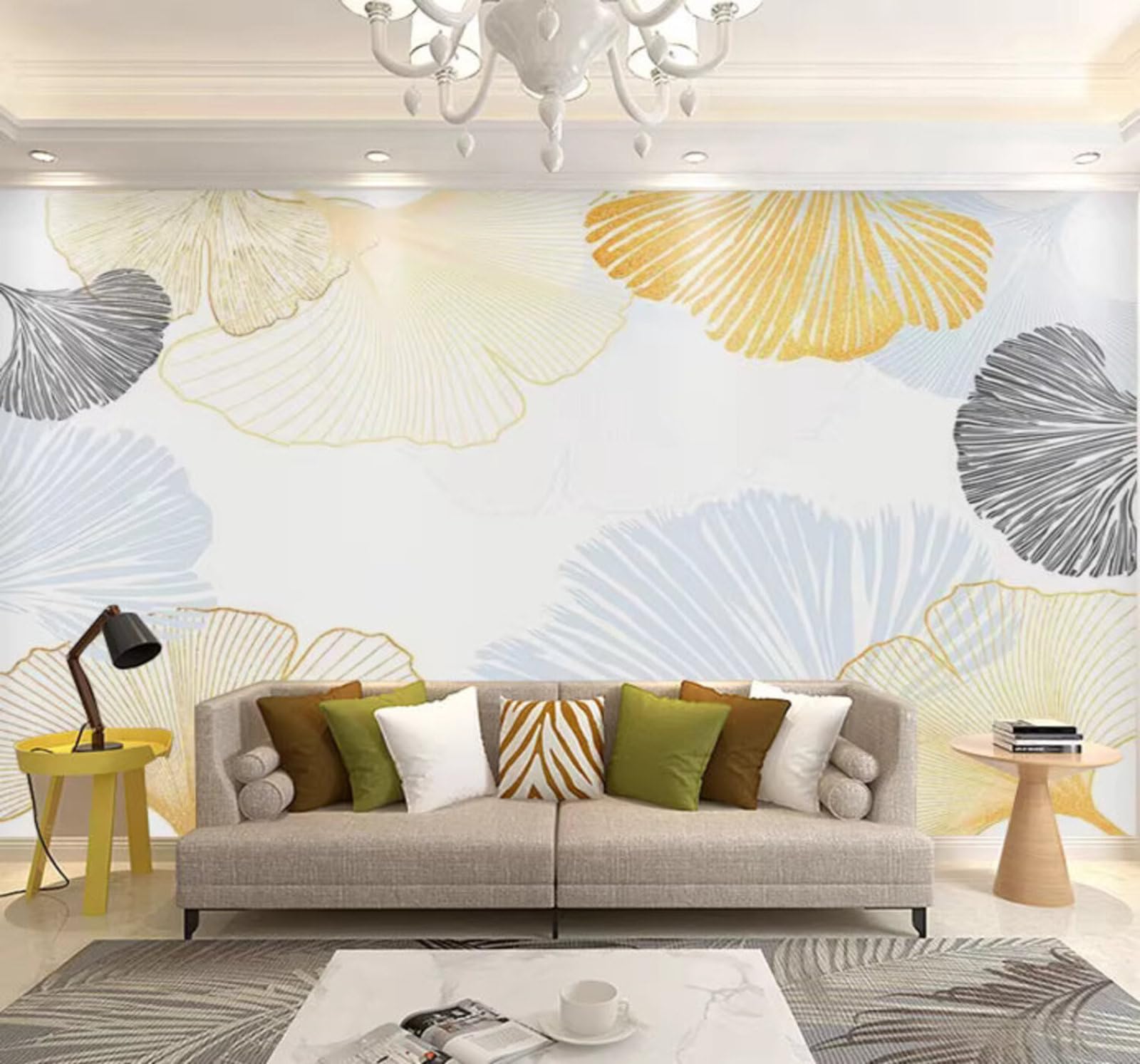 Hand Drawn Retro Yellow Warm Tones Ginkgo Leaves 3D Wallpaper Easy Install Feature Office Living Room Sofa Bedroom TV Background Wall Decoration-350cm×256cm