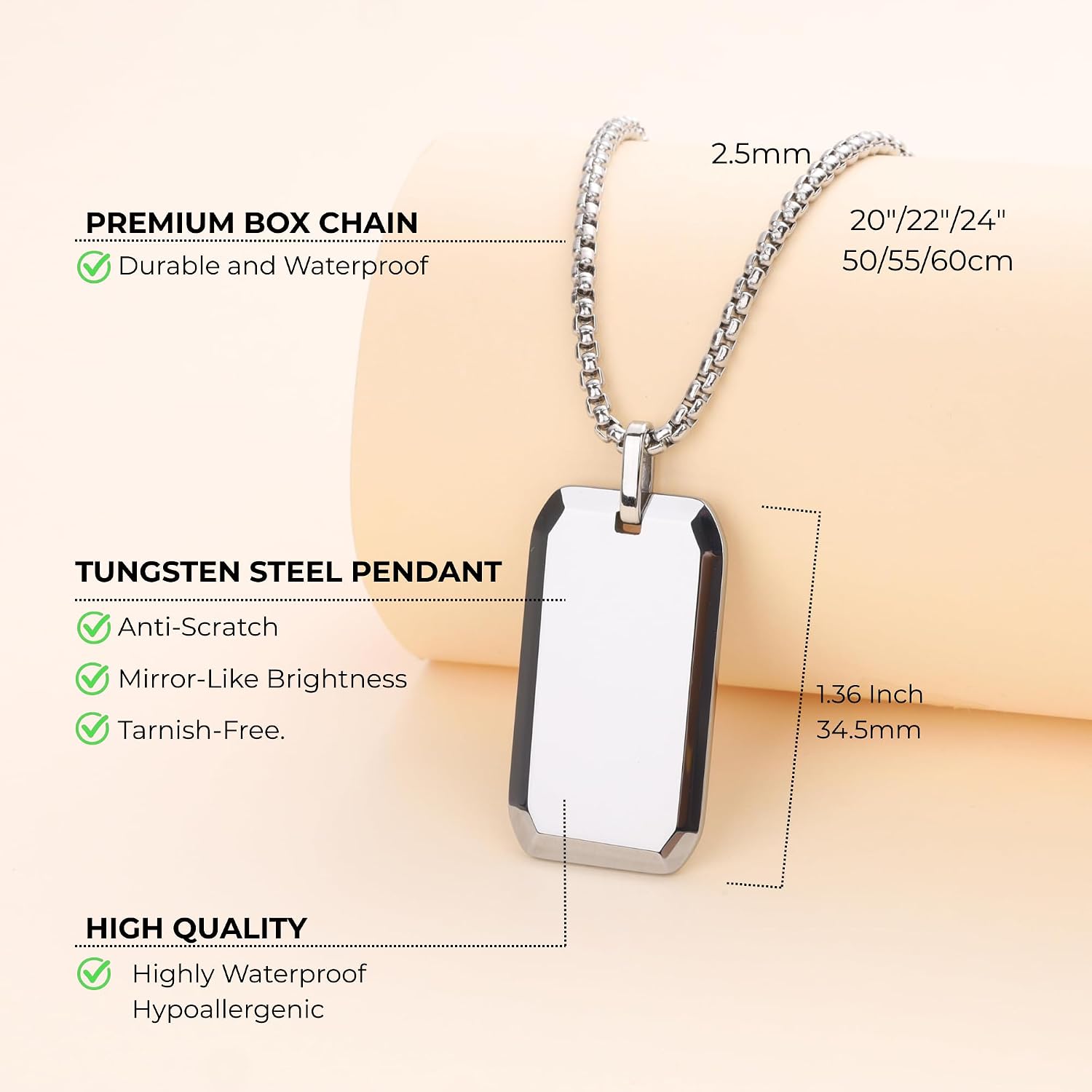 COAI Dog Tag Necklace for Men, Stainless Steel Box Chain Tungsten Necklace for Men
