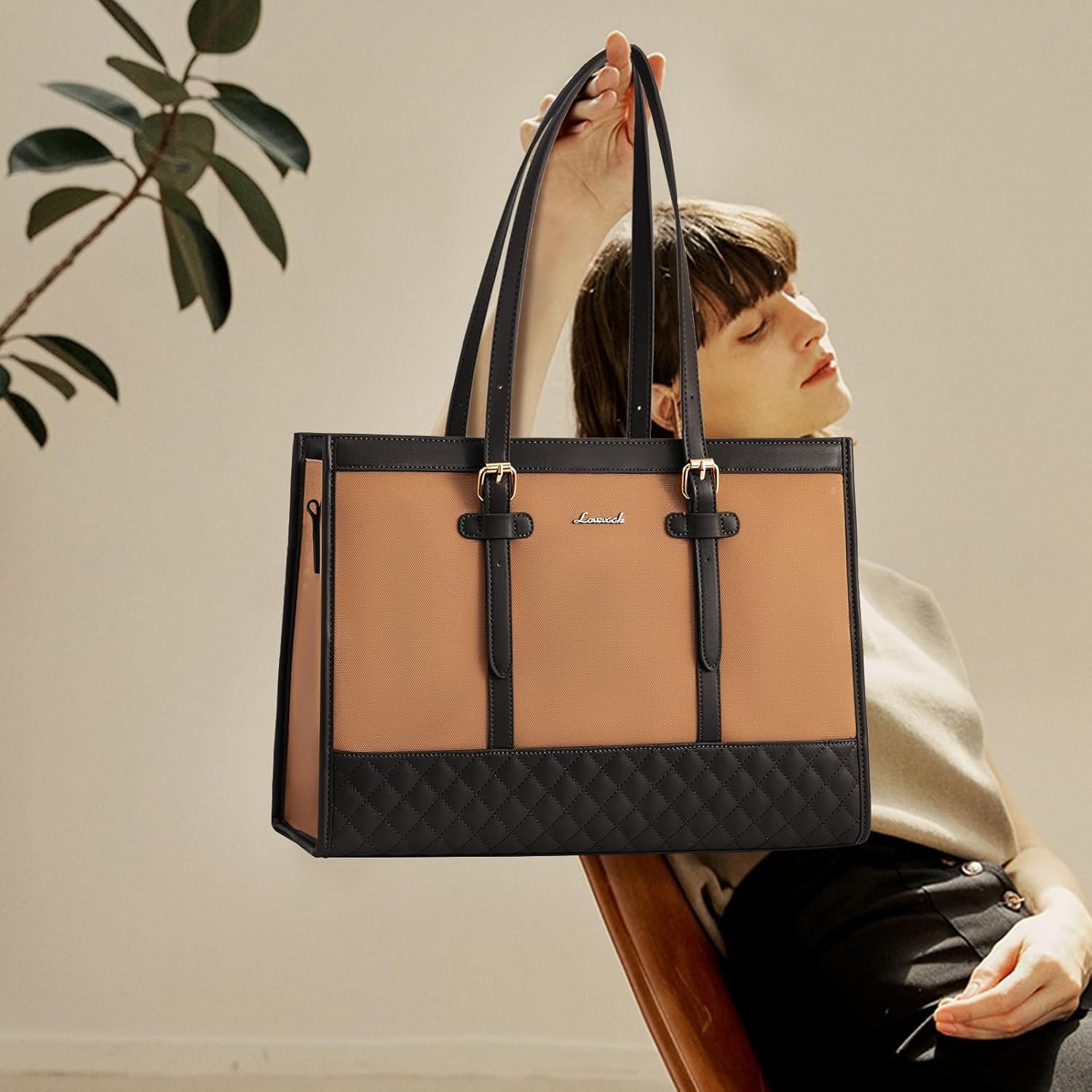 LOVEVOOK Laptop Bag for Women, 15.6 inch Canvas Laptop Tote, Large Capacity Work Bag with Clutch Purse, Office Business Briefcase, Casual Handbag for Travel, College, Teacher, School - Image 2