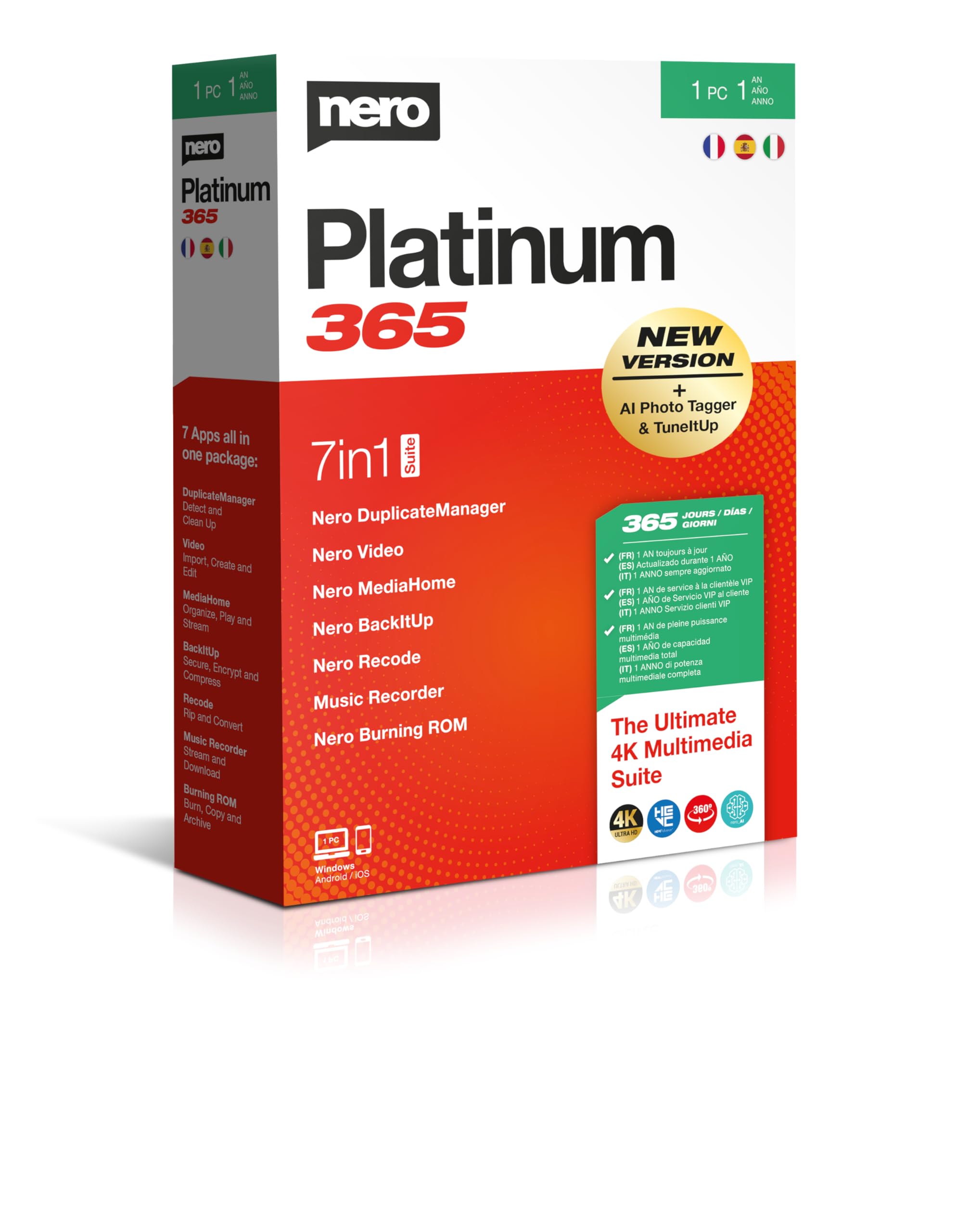 Nero Platinum 365 | Suite multimédia | Logiciel montage vidéo 4K/8K | Sauvegarde PC | Gestion photos | Optimisation | Licence 1 an | Boîte avec lien de téléchargement | 1 PC | Windows 11/10/8/7