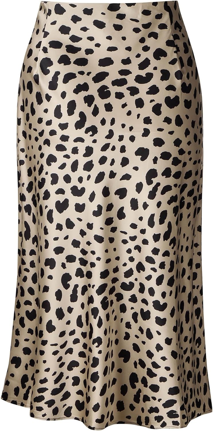 Womens Leopard Print Skirt Midi Long Length Silk Satin High Waist Elastic Skirts - Image 3