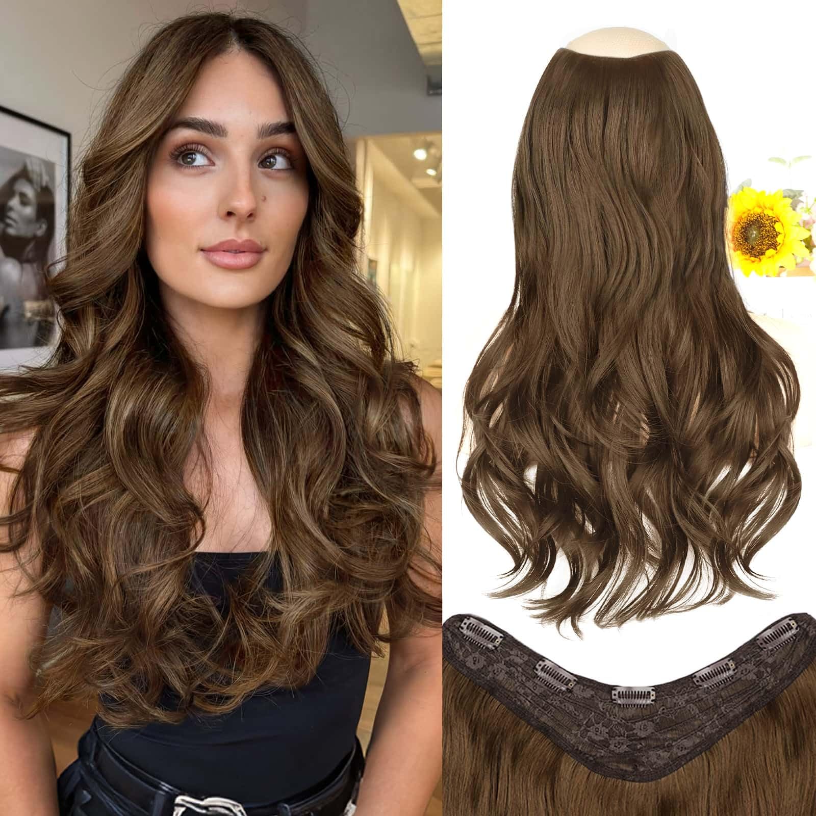 Photo 1 of ALXNAN Long Wavy Hair Extensions for Women, Clip in Hair Extensions Clip Ins Soft Full Head Synthetic Hairpieces 20 Inch Light Brown