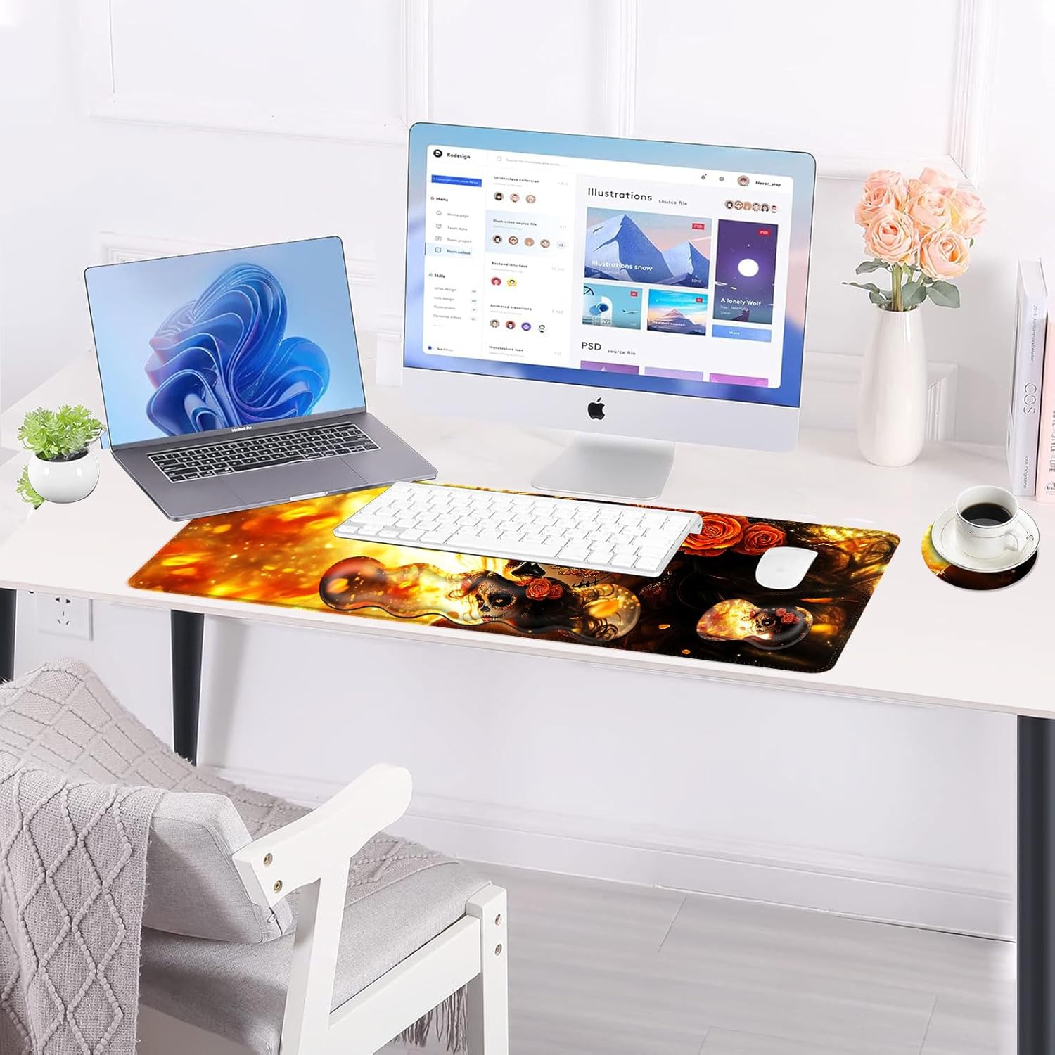 Large Keyboard Mouse Pad Set, Extended Mouse Pad+Keyboard Wrist Rest Support, Memory Foam Ergonomic Easy Typing, 4Pcs (31.5×11.8 in) Desk Pad Set for Office Home,Skull Woman with Rose