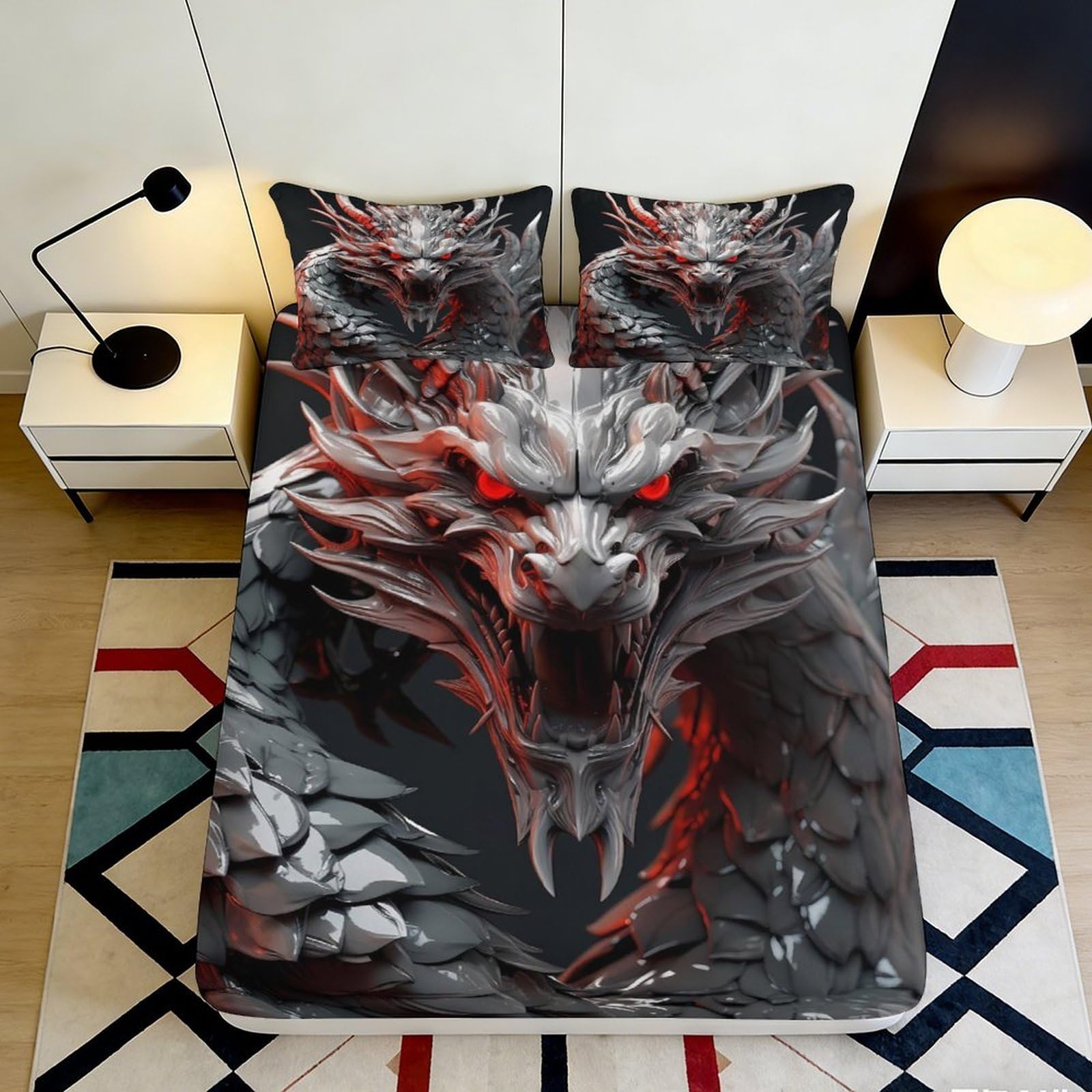 3D Printed Fierce Dragon Fitted Sheet Microfiber Soft Breathable Red Black Beast Bed Cover for Bedroom Dorm Decor 90x200x25cm