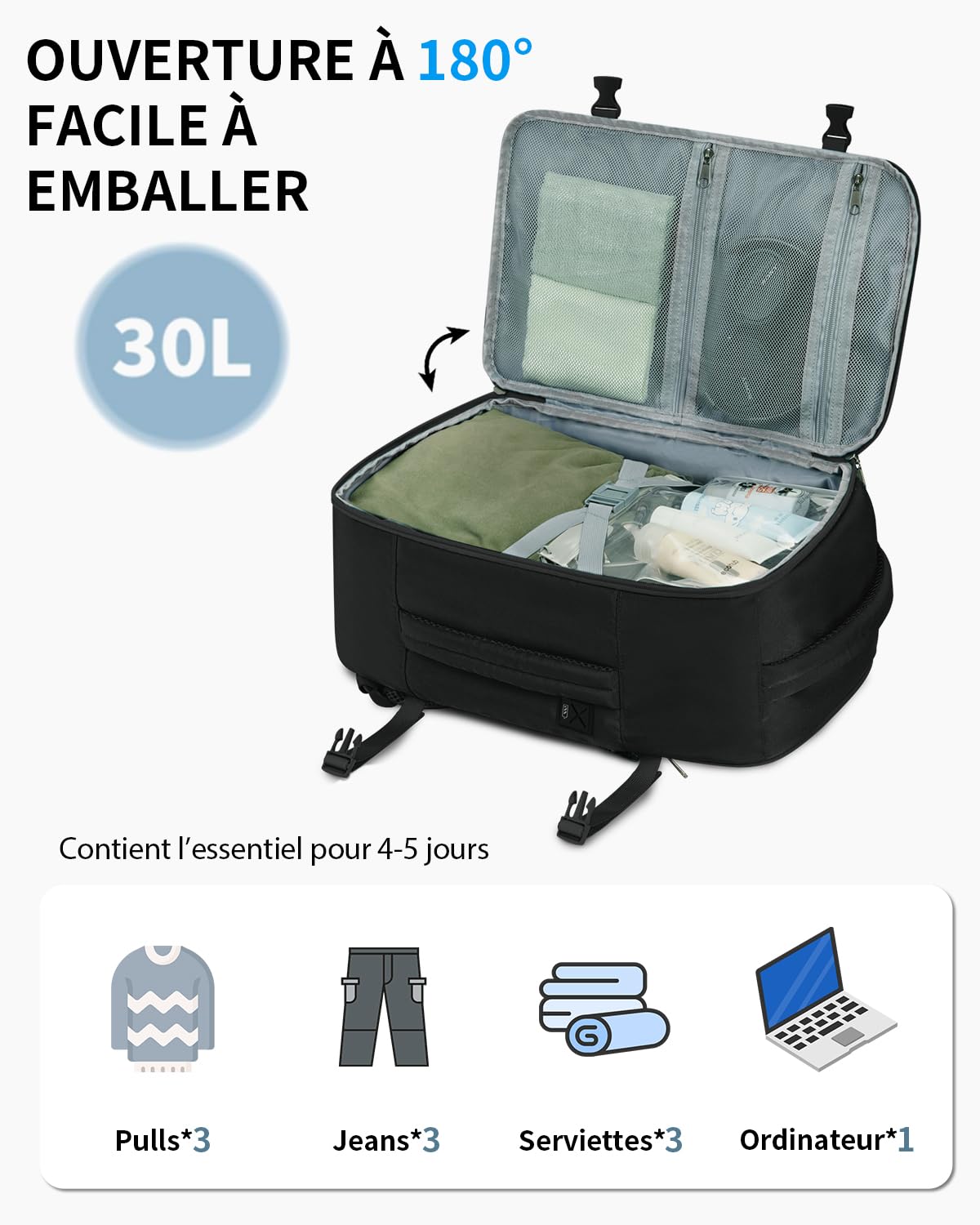 ECOHUB Sac a Dos Voyage Cabine Avion 45x36x20 pour Easyjet Bagage Cabine avec 3 Poches Zippées Cachées Bagage à Main Homme Sac à Dos pour Ordinateur 15.6 Pouces, Sac Cabine sous Siège, Noir, 30L