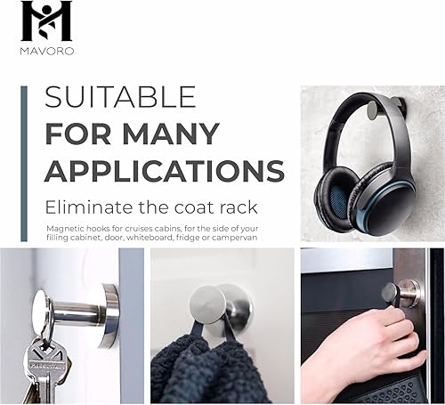 Miniatura 5 de Mavoro Ganchos magnéticos fuertes para colgar abrigos y bolsas. Juego de 2 ganchos magnéticos cromados para imanes resistentes, 52 imanes de tierras