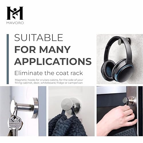 Miniatura 5 de Mavoro Ganchos magnéticos fuertes para colgar abrigos y bolsas. Juego de 2 ganchos magnéticos negros resistentes, 52 imanes de tierras raras de