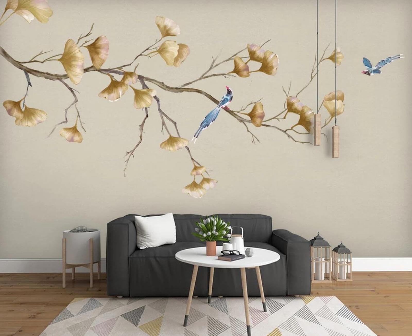 Papier peint panoramique fleurs et oiseaux peints à la main effet 3D luxe