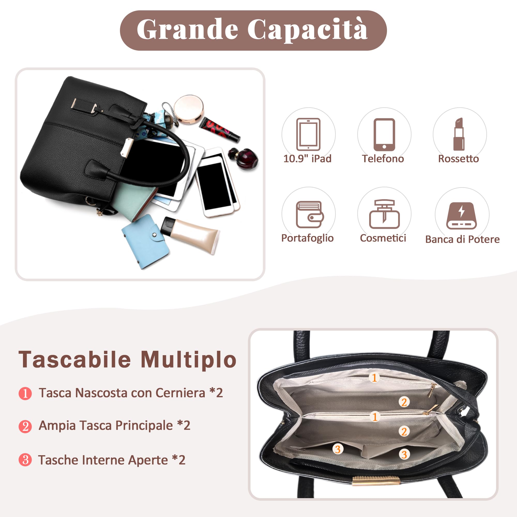 Donna Borsa a Mano Grande Capacità Tracolla Elegante Messenger in PU Pelle, Ornamenti di Moda Tote Comodo Nero