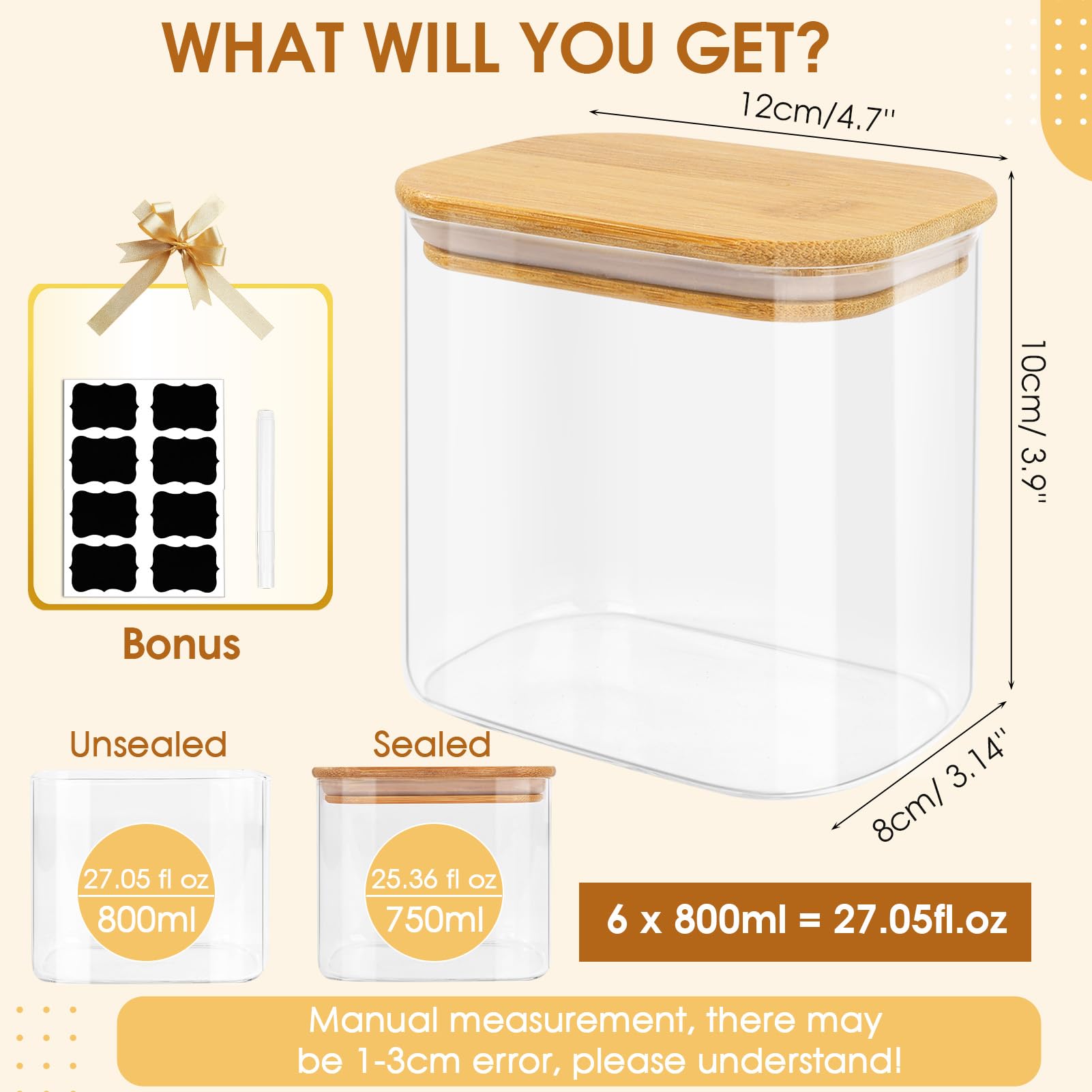 FoiiLiio 800 ML Rettangolari Barattoli Vetro con Coperchio Set di 6 Barattolo vetro con Coperchio in Bambù Barattoli Cucina vetro Ermetici per Spezie, Noci, Cereali -Φ12x8x10cm