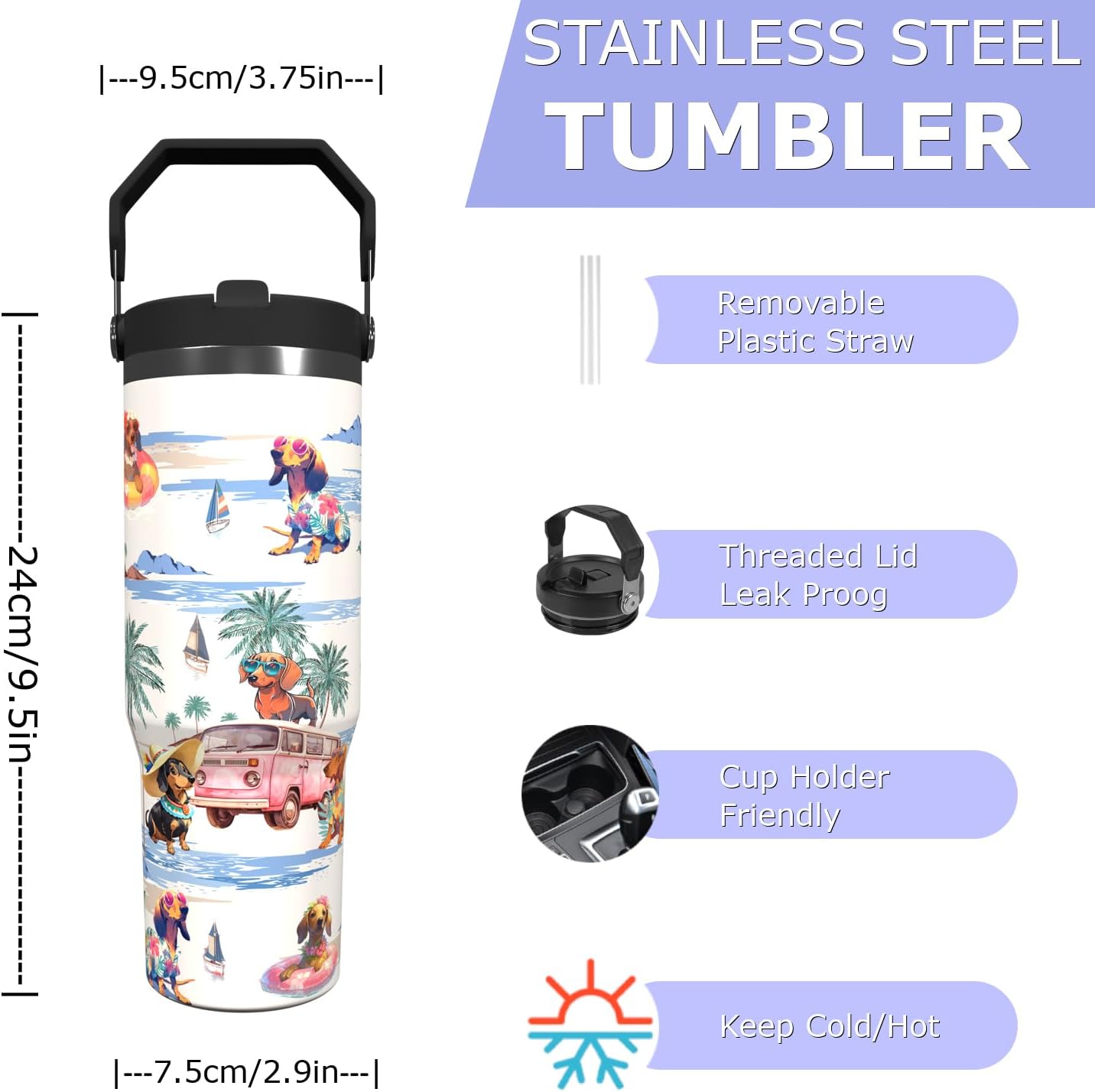 Dog Tumbler with Top Handle Lid and Straw Insulated Water Bottle Travel Mug for Car Cup Office Coffe Mugs for Boy Girl Drink Hot and Cold (Hawaii Vacation, 30oz)