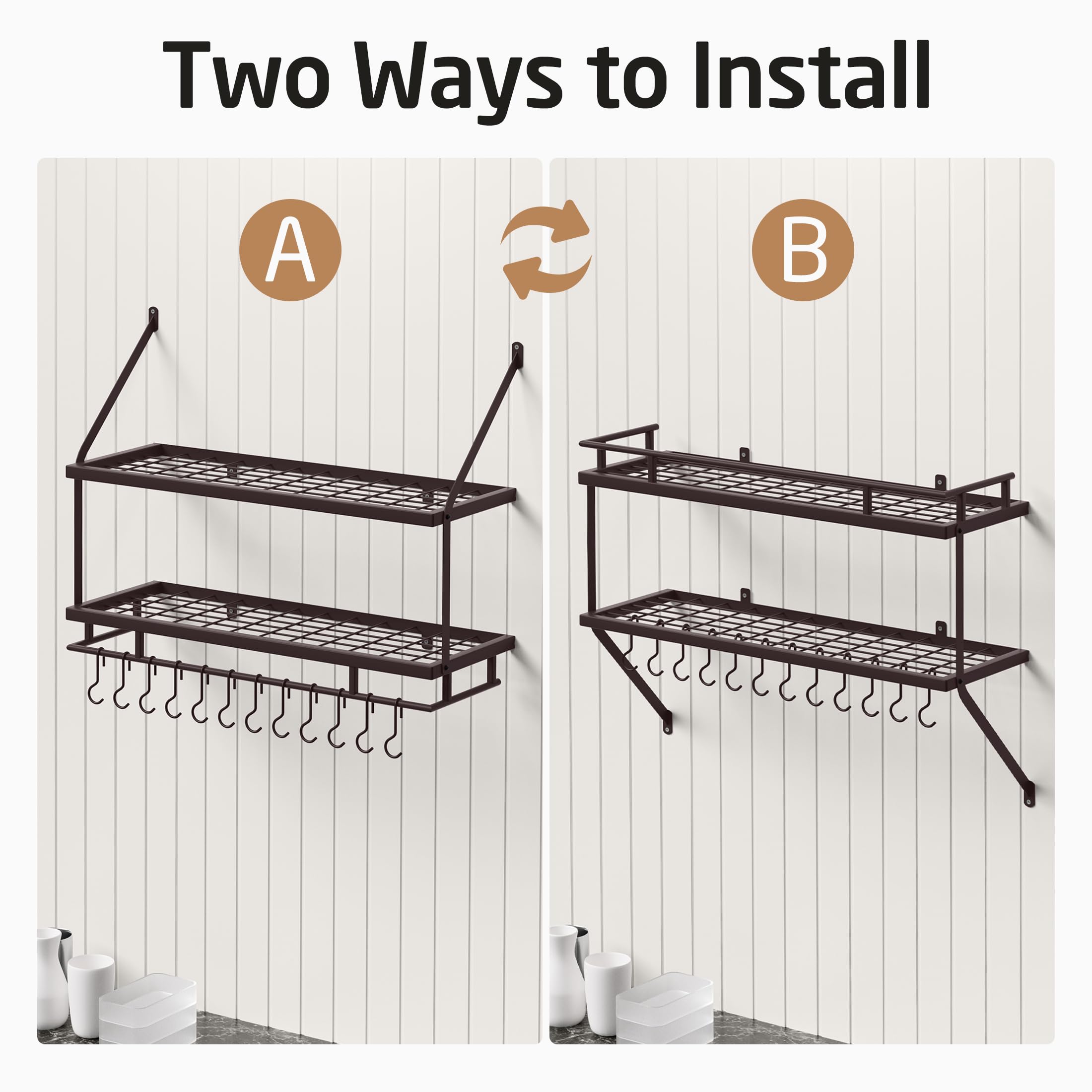 KES KUR215S75B-OB - Portapentole da parete in bronzo oliato, 76 cm, organizer a 2 ripiani per pentole e padelle con 12 ganci robusti, mensole appendiabiti da parete per cucina, stile rustico