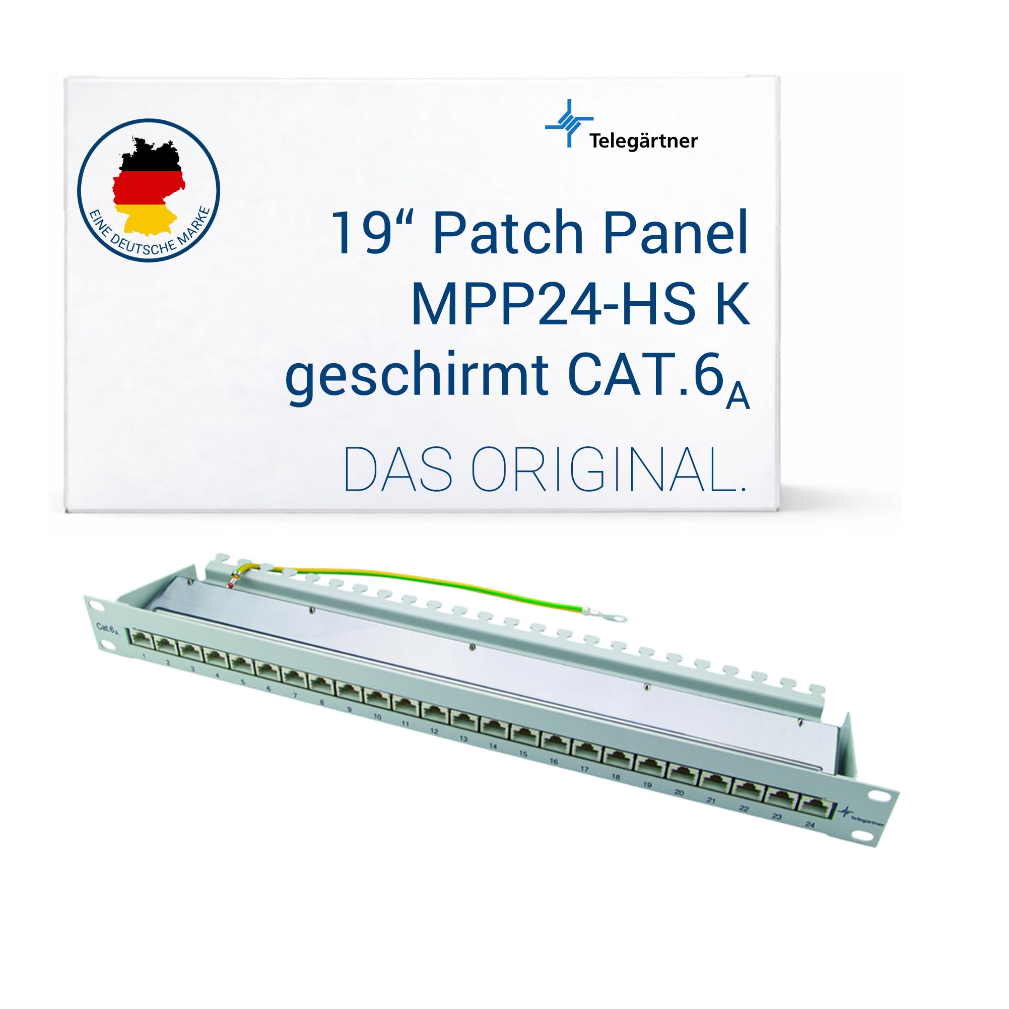 Telegärtner 19 Zoll Patch Panel MPP24 geschirmt 1HE schwarz | 24-Port RJ45, Cat.6A, werkzeuglose Abschirmhaube, 10 Gigabit Ethernet, 4PPoE fähig, robuste Metallausführung