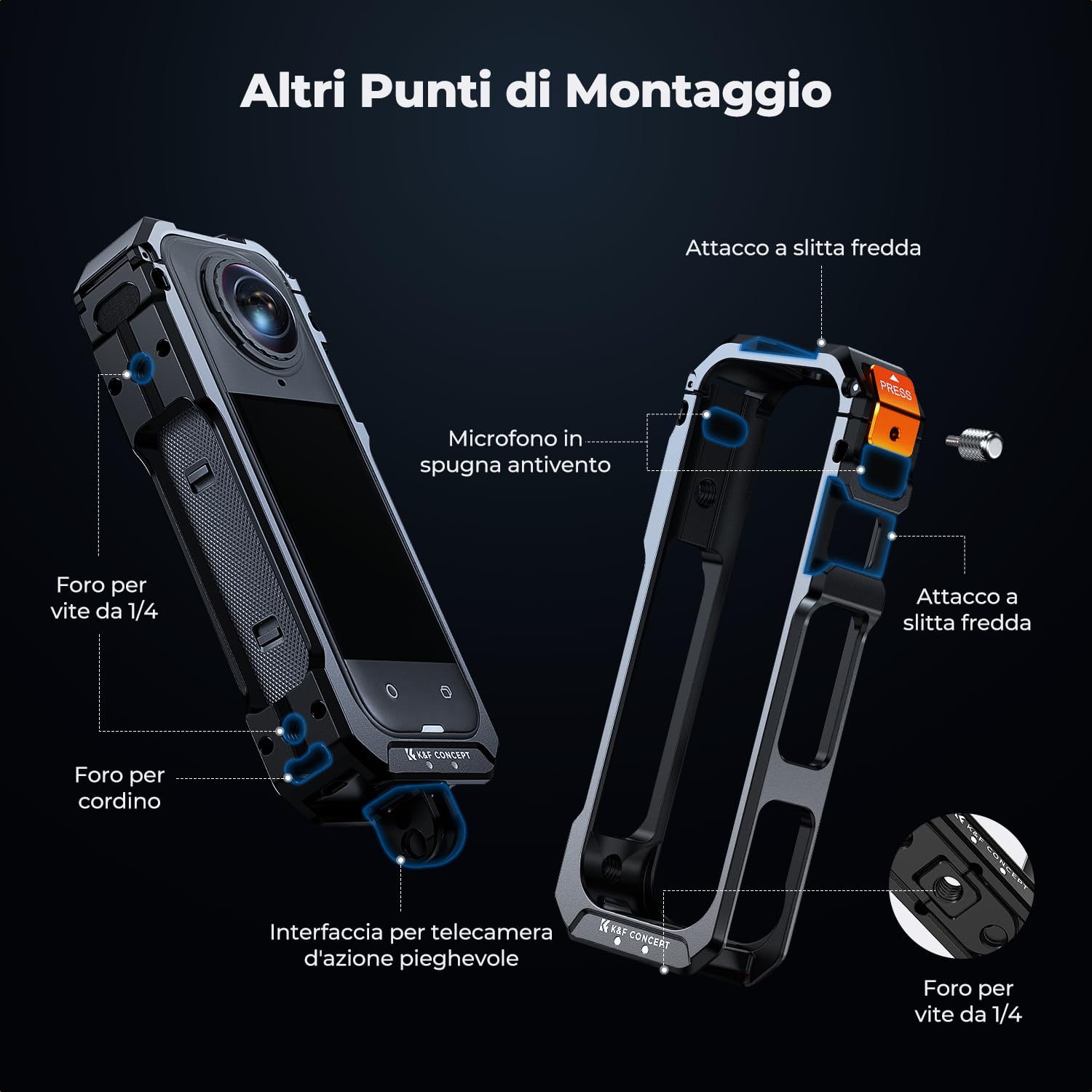 K&F CONCEPT Gabbia Standard per Fotocamera per Insta360 X5, Custodia in Alluminio con Copriobiettivo in Silicone, Foro per Vite 1/4", Telaio Protettivo con 2 Attacchi a Scarpa Fredda