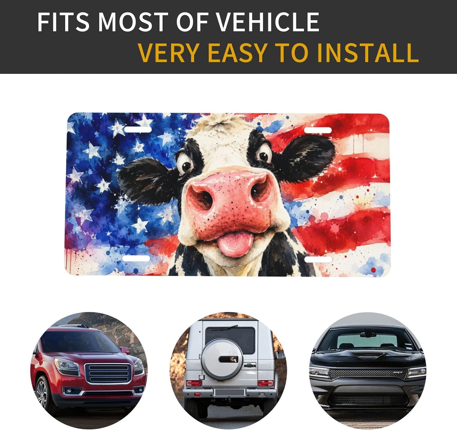 Funny Watercolor Cow American Flag License Plate - 6x12 Inch Aluminum Novelty Decorative Vanity Metal Front Car Plate for Women Men image 4
