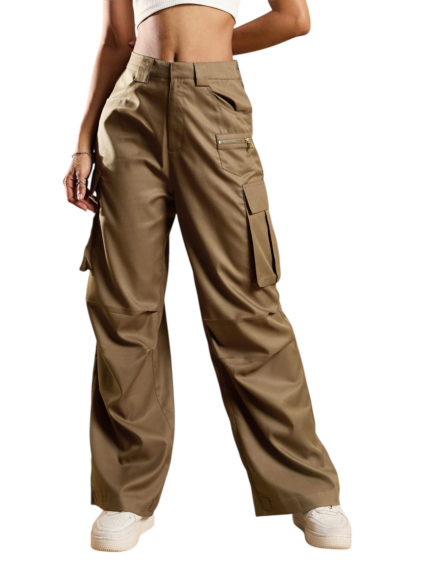 SASSAFRAS Women's Side Pockets Parachute Korean Cargo Pants in neutral