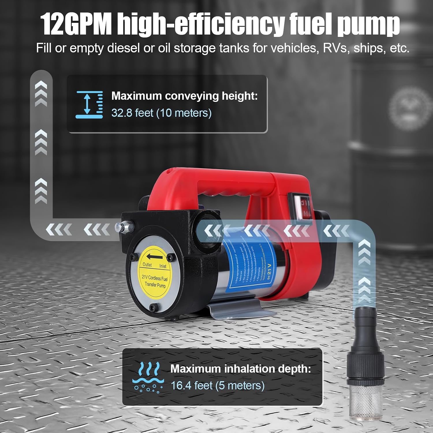 Fuel Transfer Pump Battery Powered Cordless 12GPM, 21V Electric Diesel Gasoline Transfer Pump with Auto Shut Off Nozzle & 2 Hoses, Portable Fuel Transfer for Truck Tractor Generator Farm Use