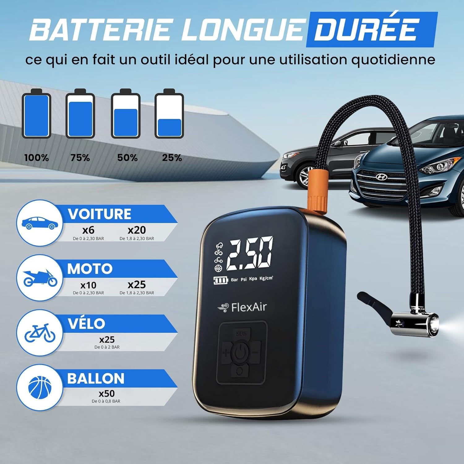 FLEXAIR – Gonfleur Pneus Voiture & Pompe Vélo Électrique Rechargeable | Compresseur à Air Portatif sans Fil | Mini Souffleur Puissant pour Ballon, Moto, VTT & Accessoires de Gonflage