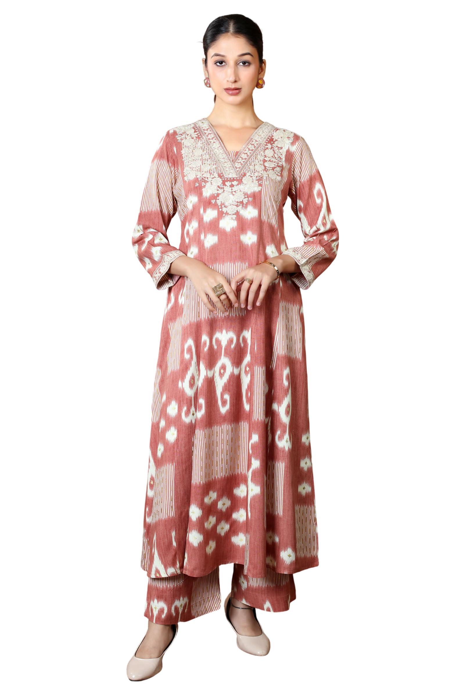 Peach Printed Embroidered V-Neck Kurta & Straight Pants Co-Ord Set-image-22