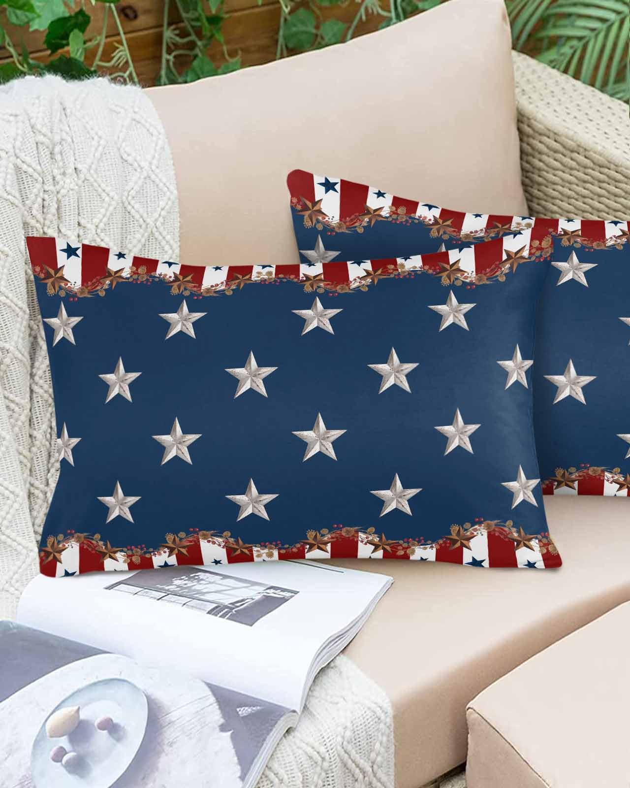 Boanket Lumbar Pillow Covers 12 x 20 In, Blue Red 4th of July Waterproof Throw Pillow Cover Set of 2, Independence Day Star Country Home Decorative Rectangle Cushion Covers for Patio/Tent/Couch/Garden