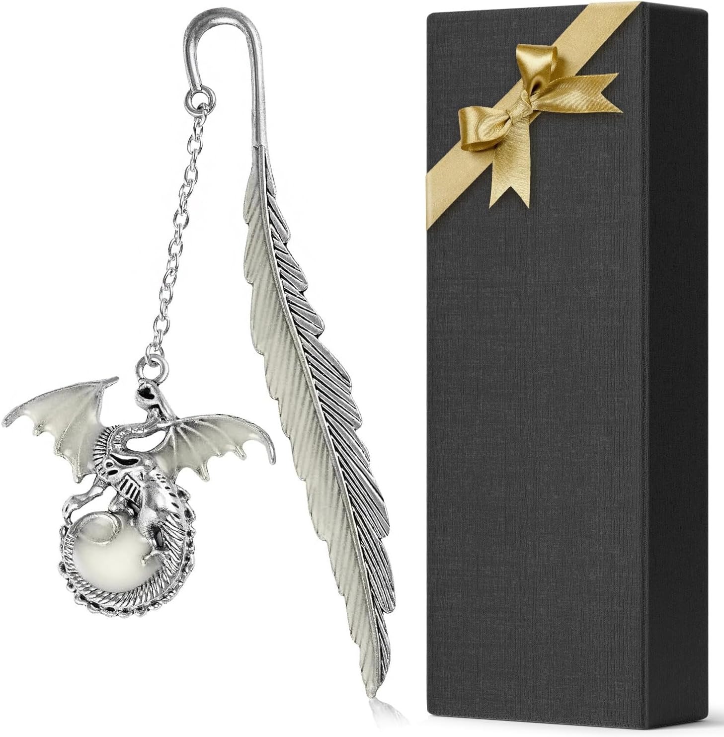 Vintage Feather Dragon Metal Bookmark, Glow in The Dark Dragon Gift, Fantasy Bookmark Gifts, Cool for Women Men, Reading Lovers (Antique Silver Dragon)