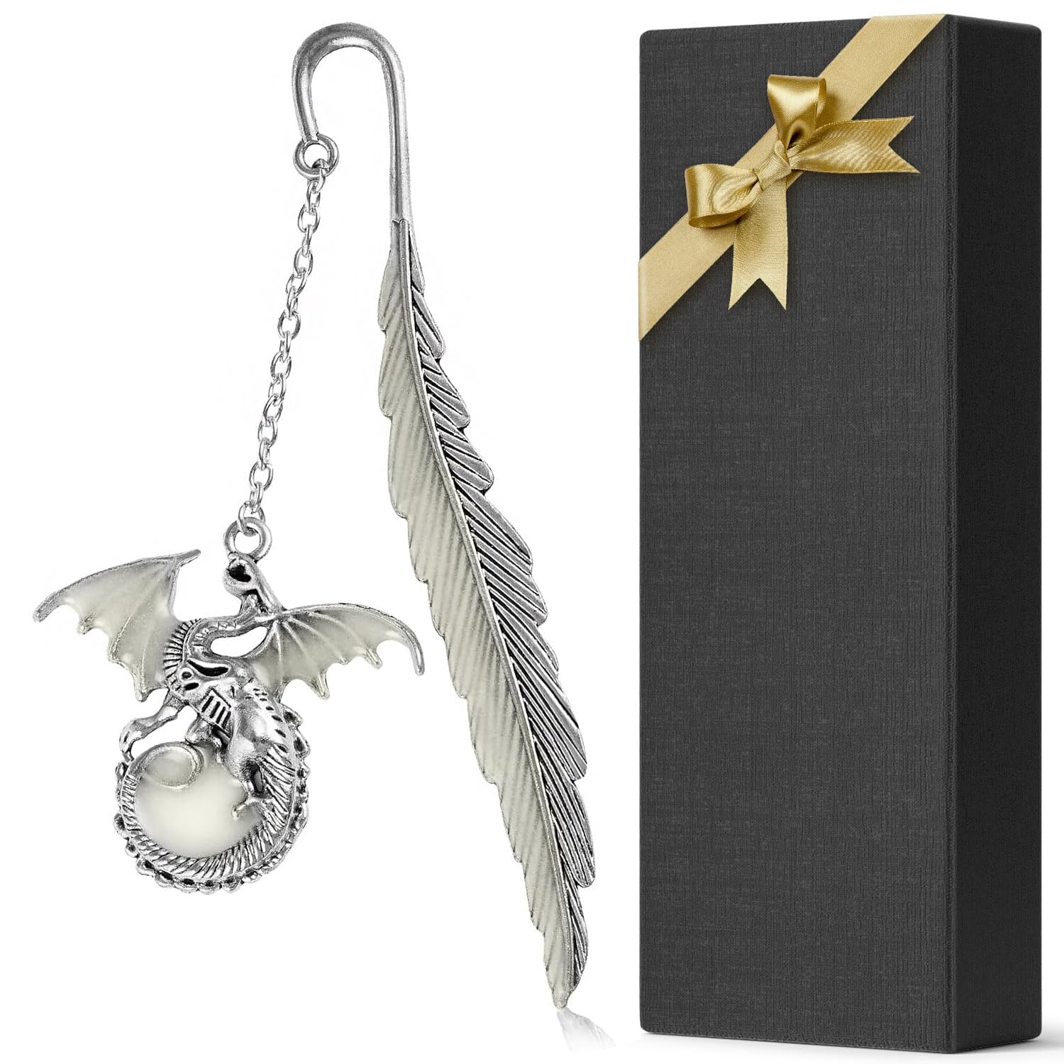 Vintage Feather Dragon Metal Bookmark, Glow in The Dark Dragon Gift, Fantasy Bookmark Gifts, Cool for Women Men, Reading Lovers (Antique Silver Dragon)